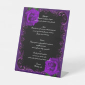 Elegante Gothic Paarse Rozen Wedding Menu Reclamebord Met Voetstuk (Voorkant)