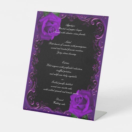 Elegante Gothic Paarse Rozen Wedding Menu Reclamebord Met Voetstuk (Voorkant)