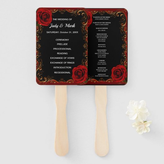 Elegante Gothic Red Roses bruiloft programma fans Handwaaier (Voorkant en achterkant)