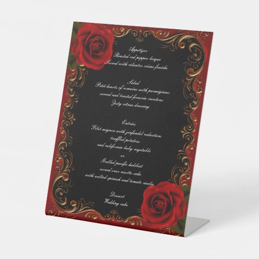 Elegante Gothic Red Roses Wedding Menu Reclamebord Met Voetstuk (Voorkant)
