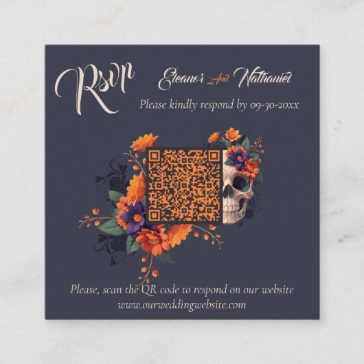 Elegante gotische 3D-bloem minimale QR-code RSVP Informatiekaartje (Voorkant)