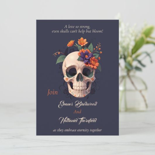 Elegante Gotische 3D Bloemen schedel Bruiloft Kaart (Staand voorkant)