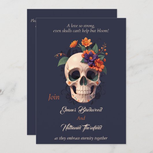 Elegante Gotische 3D Bloemen schedel Bruiloft Kaart (Voorkant / Achterkant)