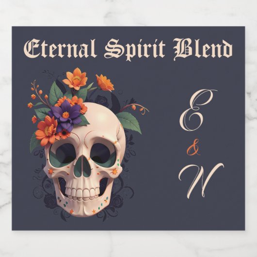 Elegante Gotische 3D Bloemen Schedel Monogram Brui Likeurfles Etiket (Enkel label)