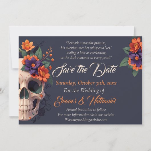 Elegante Gotische 3D Bloemen Schedel Save the Date Kaart (Achterkant)
