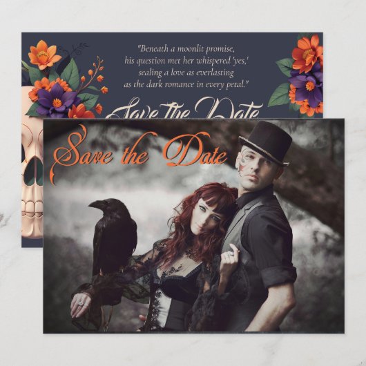 Elegante Gotische 3D Bloemen Schedel Save the Date Kaart (Voorkant / Achterkant)