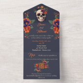 Elegante Gotische 3D bloemenschedel bruiloft All In One Uitnodiging (Binnen)