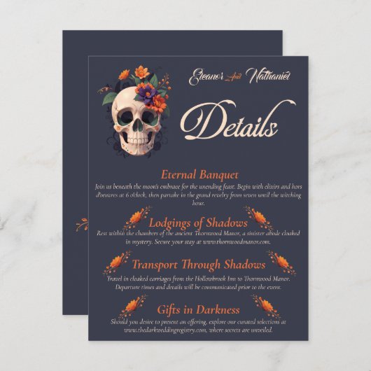 Elegante gotische 3D Bloemenschedel QR code detail Informatiekaartje (Voorkant / Achterkant)