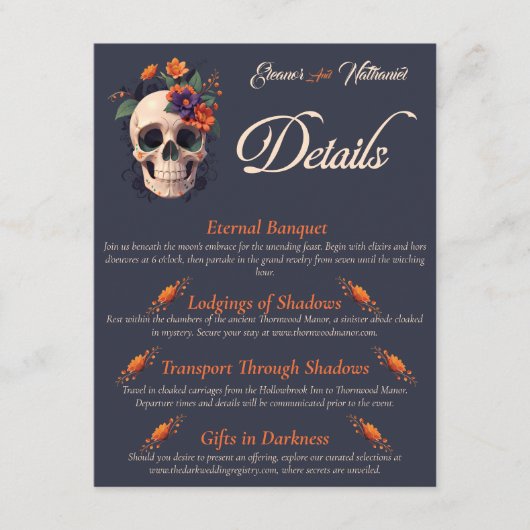 Elegante gotische 3D Bloemenschedel QR code detail Informatiekaartje (Voorkant)