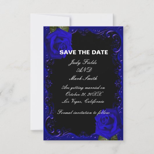 Elegante gotische blauwe rozen Save The Date kaart (Voorkant)