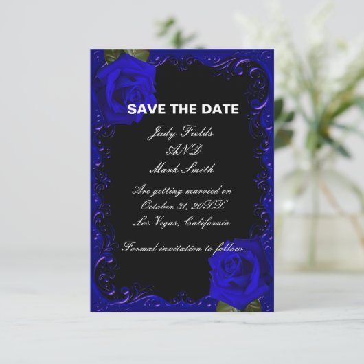 Elegante gotische blauwe rozen Save The Date kaart (Staand voorkant)