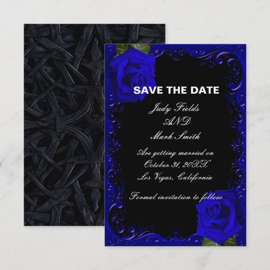 Elegante gotische blauwe rozen Save The Date kaart (Voorkant / Achterkant)
