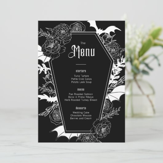 Elegante Gotische Bloemen Huwelijk Zwart Menu (Staand voorkant)