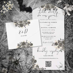 Elegante Gotische Bloemen Rozen QR Code Huwelijk All In One Uitnodiging