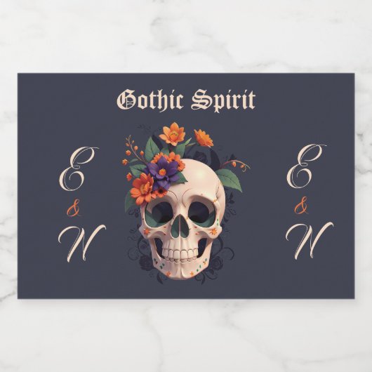 Elegante Gotische Bloemen Schedel Monogram Bruilof Likeurfles Etiket (Enkel label)