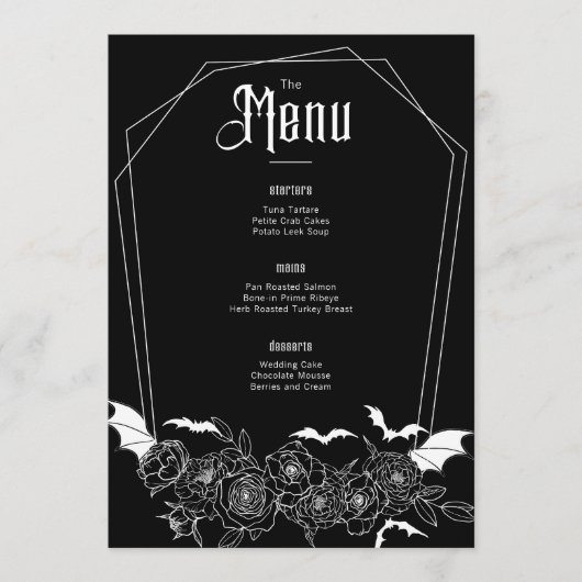 Elegante Gotische Bloemen Zwart Bruiloft Menu (Voorkant)