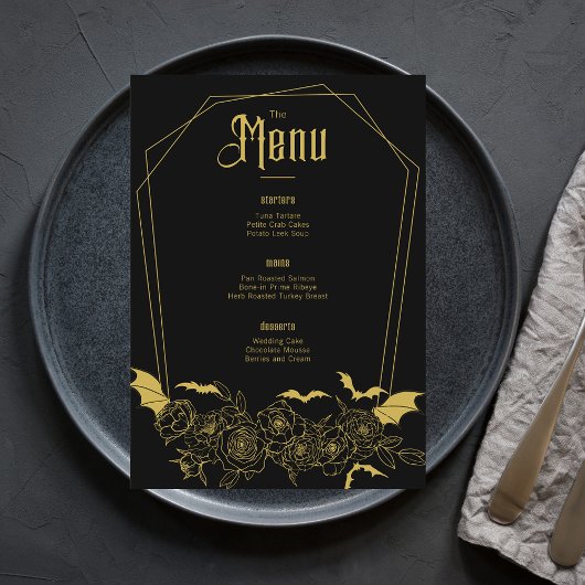 Elegante Gotische Bloemen Zwart Goud Huwelijk Menu