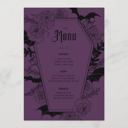Elegante gotische bloemenbruiloft Paarse Menu (Voorkant)