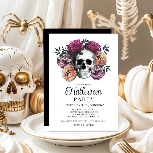 Elegante Gotische Bloemenschedel Halloween Kaart