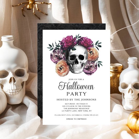 Elegante Gotische Bloemenschedel Halloween Kaart