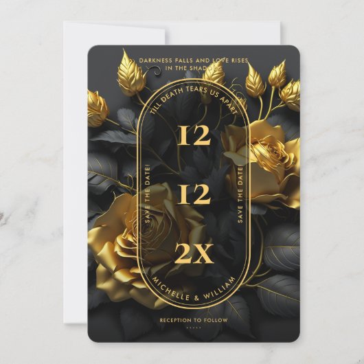 Elegante Gotische Bruiloft Boho Zwart Goud Rozen Save The Date (Voorkant)