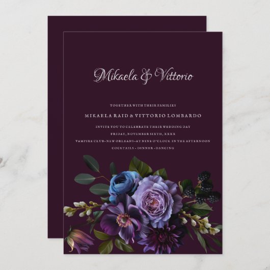 Elegante gotische donkere bloem bruiloft kaart (Voorkant / Achterkant)