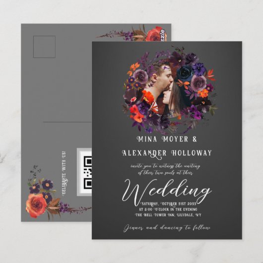 Elegante Gotische Donkere Bloemen Foto QRC Bruilof Briefkaart (Voorkant / Achterkant)