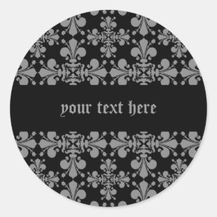 Elegante gotische fleur de lis damast zwart en gri ronde sticker