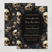 Elegante Gotische Gouden Schedels & Bloemen Bruilo Kaart (Voorkant / Achterkant)