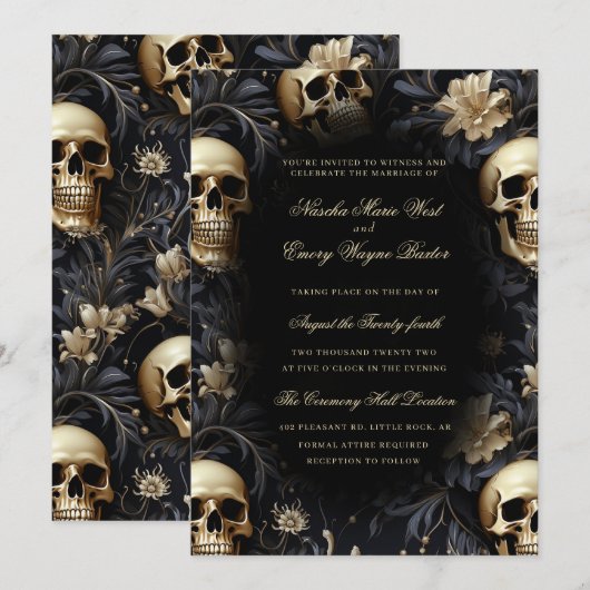 Elegante Gotische Gouden Schedels & Bloemen Bruilo Kaart (Voorkant / Achterkant)