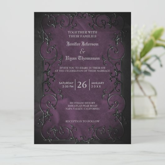 Elegante gotische halloween paarse huwelijksuitnod kaart (Staand voorkant)