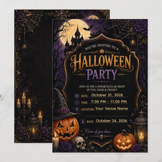 🎃 Elegante Gotische Halloween Soiree Uitnodiging (Voorkant / Achterkant)