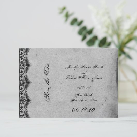 Elegante Gotische Kant Posh Bruiloft Save the Date (Staand voorkant)