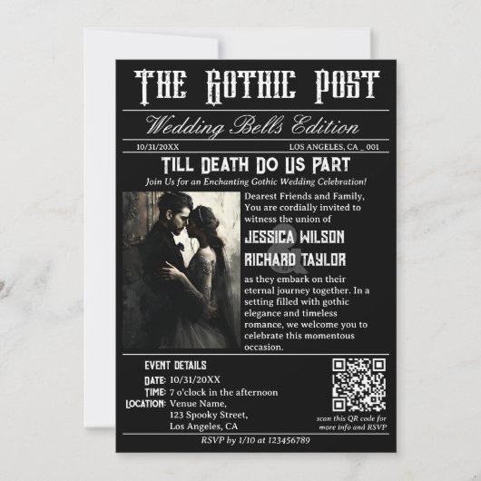 Elegante Gotische Krant Foto Zwart Bruiloft Kaart (Voorkant)