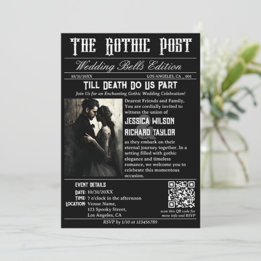 Elegante Gotische Krant Foto Zwart Bruiloft Kaart (Staand voorkant)