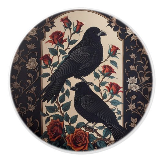 Elegante gotische raven met Rozen Keramische Knop (Voorkant)
