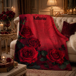 Elegante Gotische Rode Rozen Aangepaste Naam Fleece Deken