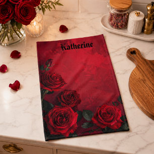 Elegante Gotische Rode Rozen Aangepaste Naam Theedoek