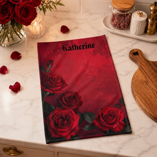 Elegante Gotische Rode Rozen Aangepaste Naam Theedoek