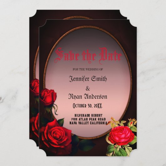 Elegante gotische rode rozen redden de datum kaart (Voorkant / Achterkant)
