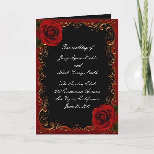Elegante gotische rode rozen trouwprogramma kaart (Voorkant)