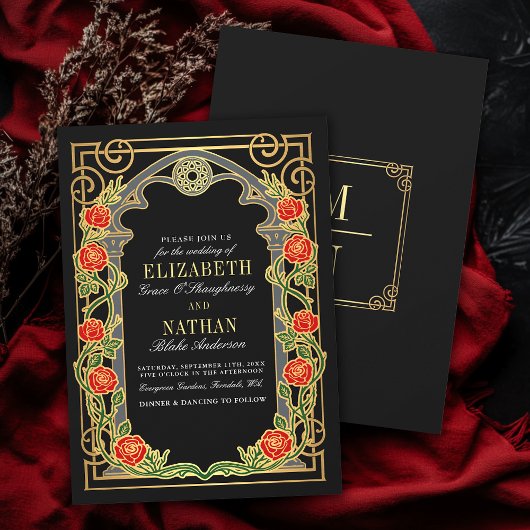 Elegante Gotische Rozen Kathedraal Frame Bruiloft Kaart