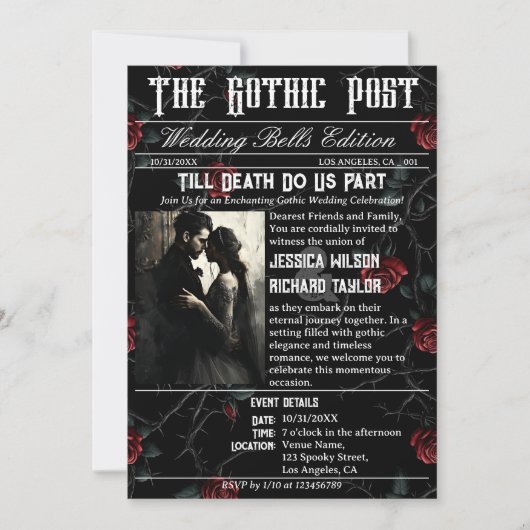 Elegante Gotische Rozen Krant Foto Zwarte bruiloft Kaart (Voorkant)