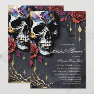 Elegante Gotische Schedel & Rode Rozen Bruidsfeest Kaart