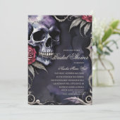 Elegante Gotische Schedel & Rode Rozen Bruidsfeest Kaart (Staand voorkant)