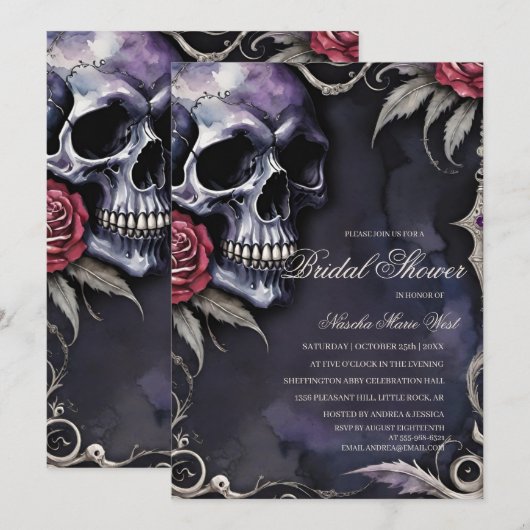 Elegante Gotische Schedel & Rode Rozen Bruidsfeest Kaart (Voorkant / Achterkant)