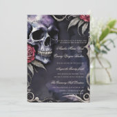 Elegante Gotische Schedel & Rode Rozen Bruiloft Kaart (Staand voorkant)