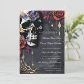 Elegante Gotische Schedel & Rode Rozen Bruiloft Kaart (Staand voorkant)