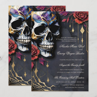 Elegante Gotische Schedel & Rode Rozen Bruiloft Kaart