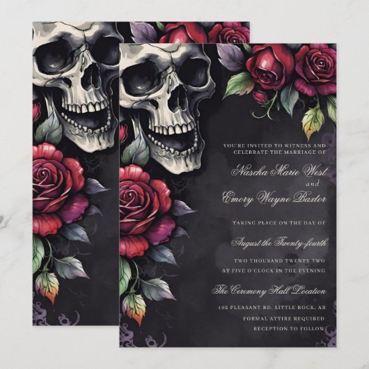 Elegante Gotische Schedel & Rozen Bruiloft Kaart (Voorkant / Achterkant)